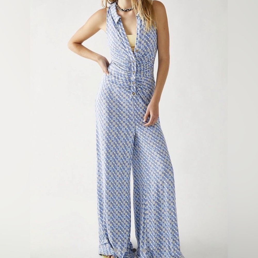 NWOT Free People Blue Yellow Shayla Halter Retro Jumpsuit